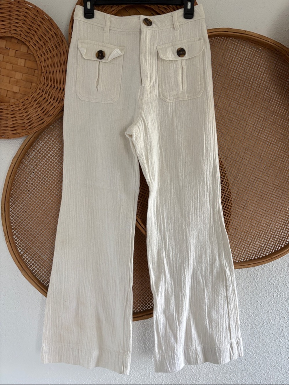 Free People Hippie Boho Crepe Cream Wide-Leg Cotton Pants Front Patch Pockets